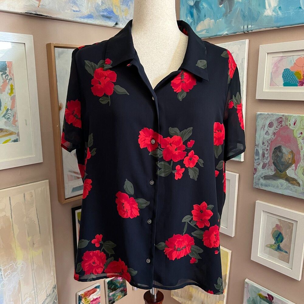 Liz Claiborne Classics Navy Red Floral Sheer Button Blouse‎ Whimsygoth Fits L/XL
